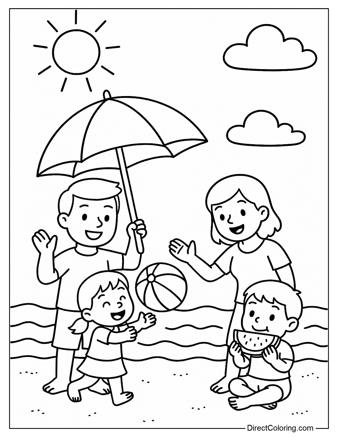 a family coloring page of 4 people setting up an umbrella, playing ball, eating watermelon on the beach